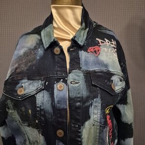 Distressed Artistic Denim Bomber XL Jacket